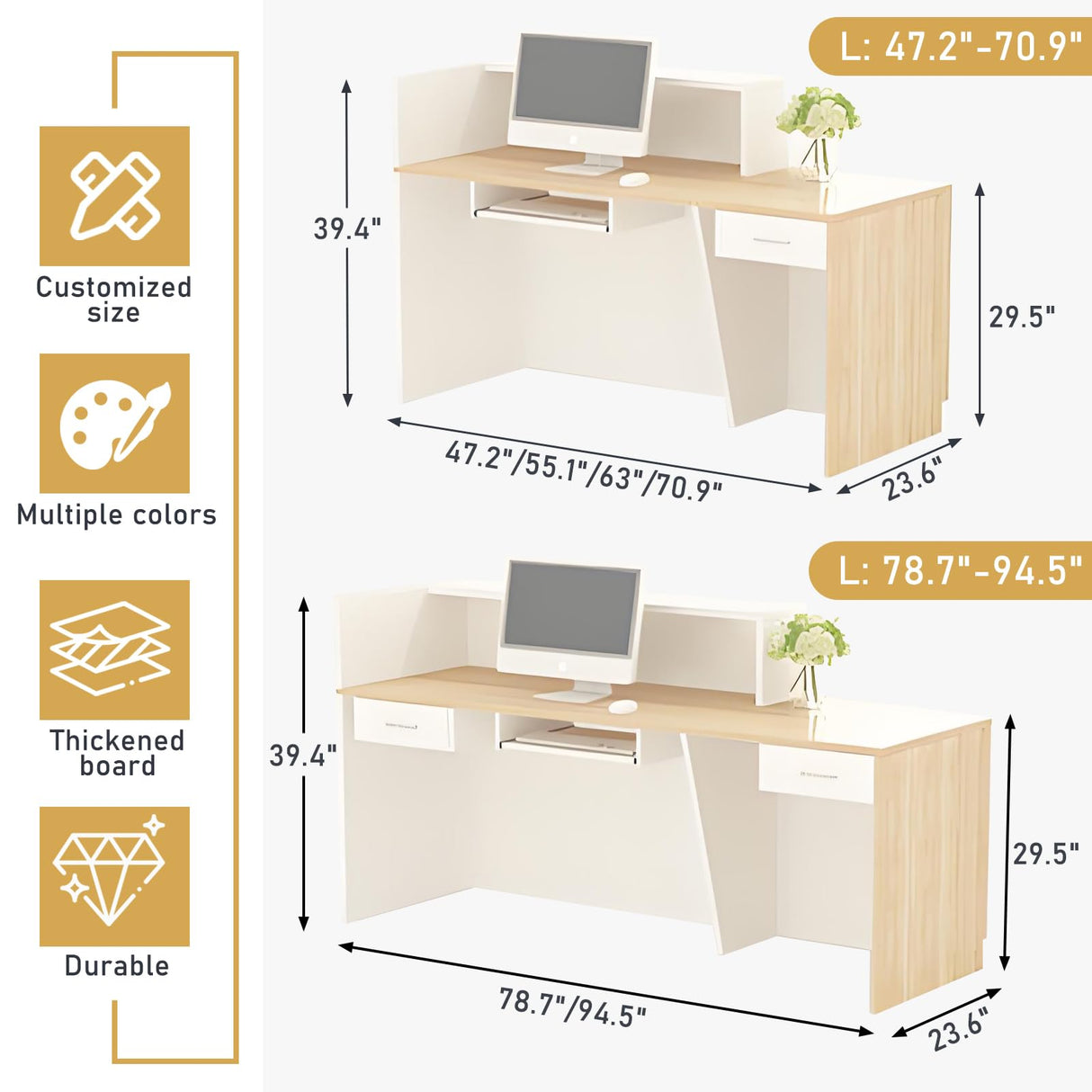 Modern Reception Desk with Storage Drawers and Open Shelves, 47-95 Inch Front Counter Table for Office, Salon, Lobby, Retail Store, or Home Workspace LSZMXI