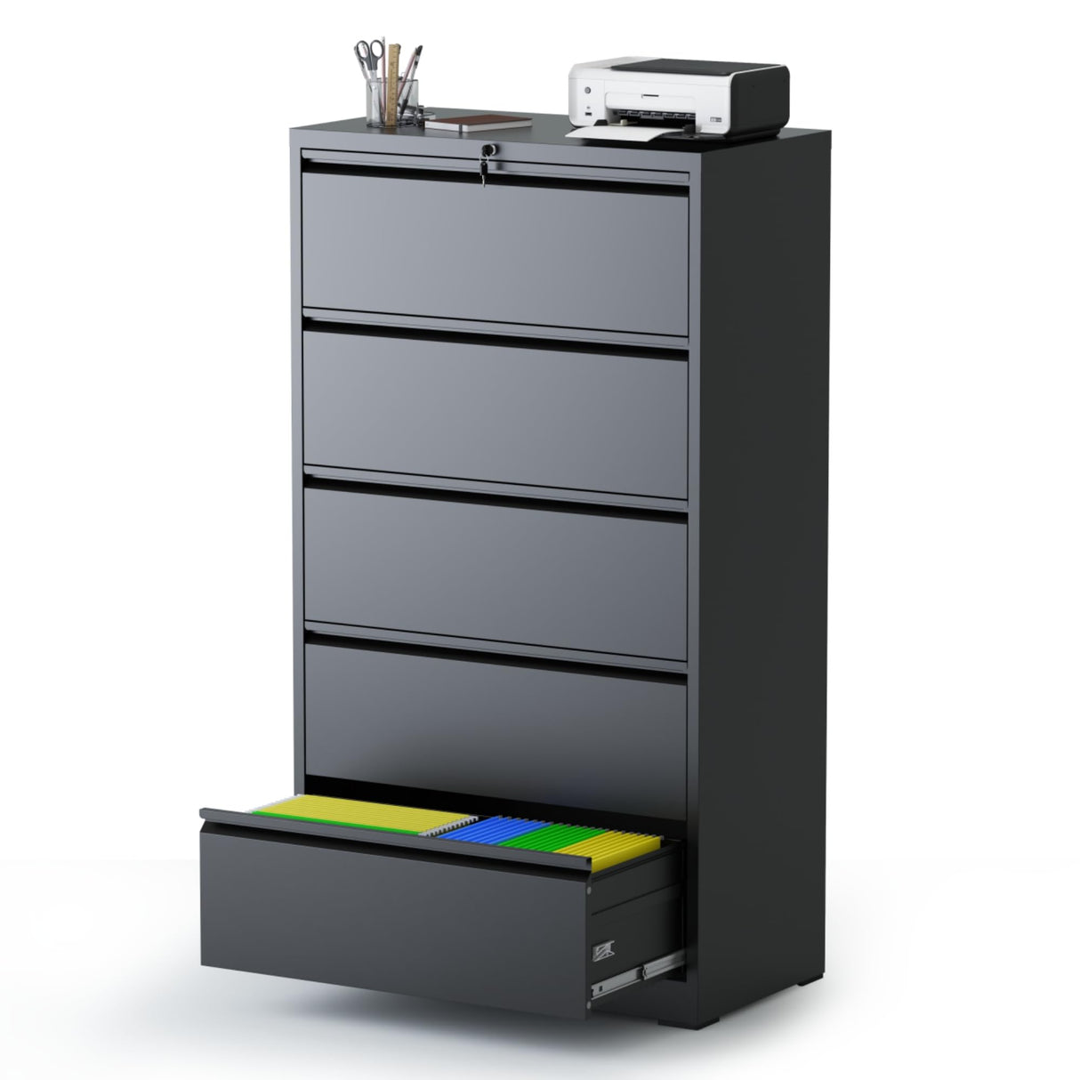 AQY 5 Drawer File Cabinet with Lock,Metal Lateral File Cabinets for Home Office,Steel Wide Filing Organization Storage Cabinets for Hanging Files Letter/Legal/F4/A4 Size(Black) AQY