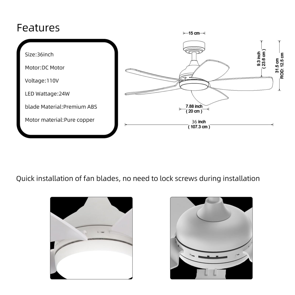 36 inch Ceiling Fan with Light and Remote Control,White 5 Blade Modern Ceiling Fans for Living Room Bedroom Farmhouse indoor, Quick-Install,Reversible DC Motor, Dimmable, 6 Airflow & 3 Light Colors natawinnd