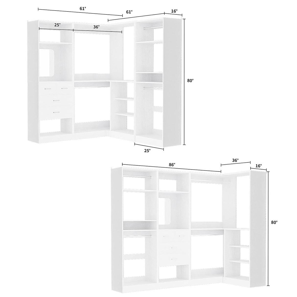 Unikito 86” Closet System, Large Corner Closets Organizer with Hanging Rods and Mirror Design, Freestanding Adjustable Wood Clothes Garment Rack with Drawers, Sturdy Walk in Closet Tower, White Unikito