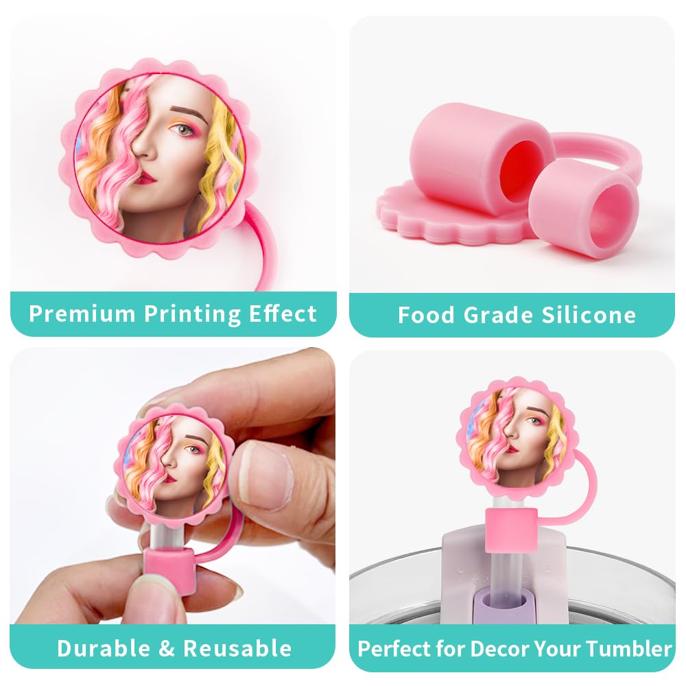 PYD Life 12 Pack Sublimation Straw Cover Cap Topper Silicone Pink for 40 OZ 30 OZ 20 OZ Stanley Tumbler Cup 10mm Straws 1.18" Flower Round with 1" Sublimation Blanks Aluminum Round Sheets PYD Life