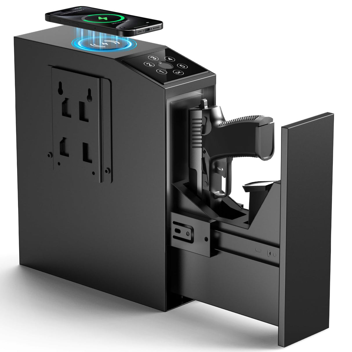 NIANPU Bedside Biometric Gun Safe for Handgun-Quick Access Pistol Safe with Fingerprint,PIN&Key-Sliding Gun Lock Box with Wireless Charging-Mounted Handgun Safe for Nightstand NIANPU