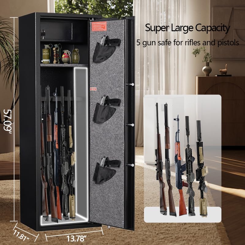 HEANVO 5 - Gun Safe Rifle, Long Gun Safe for Home Rifle and Pistols, Gun Safes & Cabinets with Drawer and Removable Shelf, Cabinet with Mute Function, Rifle Safe with LED Light HEANVO