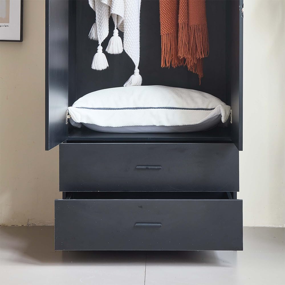 Yapai Modern 2 Door Wardrobe with 2 Drawers – Freestanding Bedroom Closet Organizer, Space-Saving Armoire Storage Cabinet, Black Finish yapaihome
