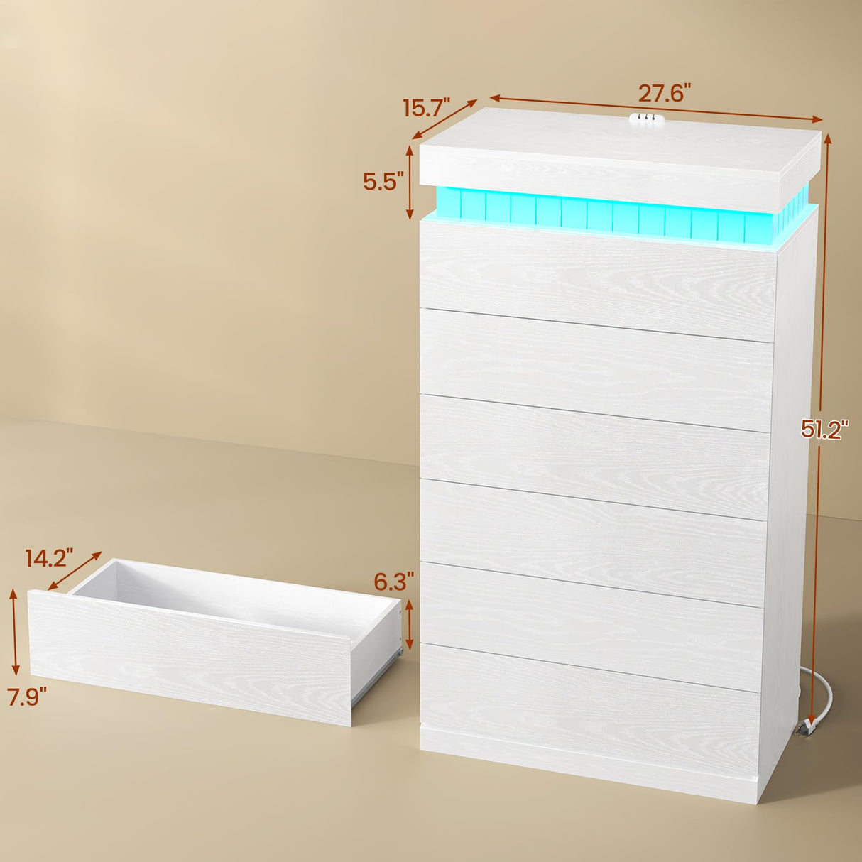 UPOSOJA Tall White Dresser for Bedroom, Modern 6 Wood Drawers with LED Light and Power Outlet, Floating Dressers for Closet, Large Chest of Drawer for Living Room, Hallway, Entryway (6 Drawers,White) UPOSOJA