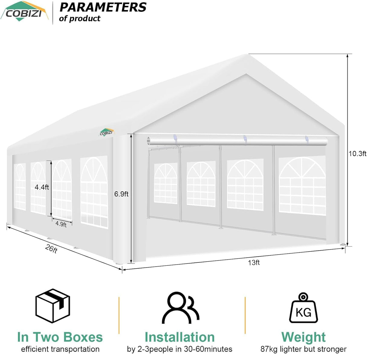 COBIZI 13x26FT Party Tent Heavy Duty Outdoor Gazebo White Event Shelter Wedding Canopy Tent for Parties Carport Commercial with Removable Sidewall Windows, Powder Coating (Better Than Galvanized) COBIZI