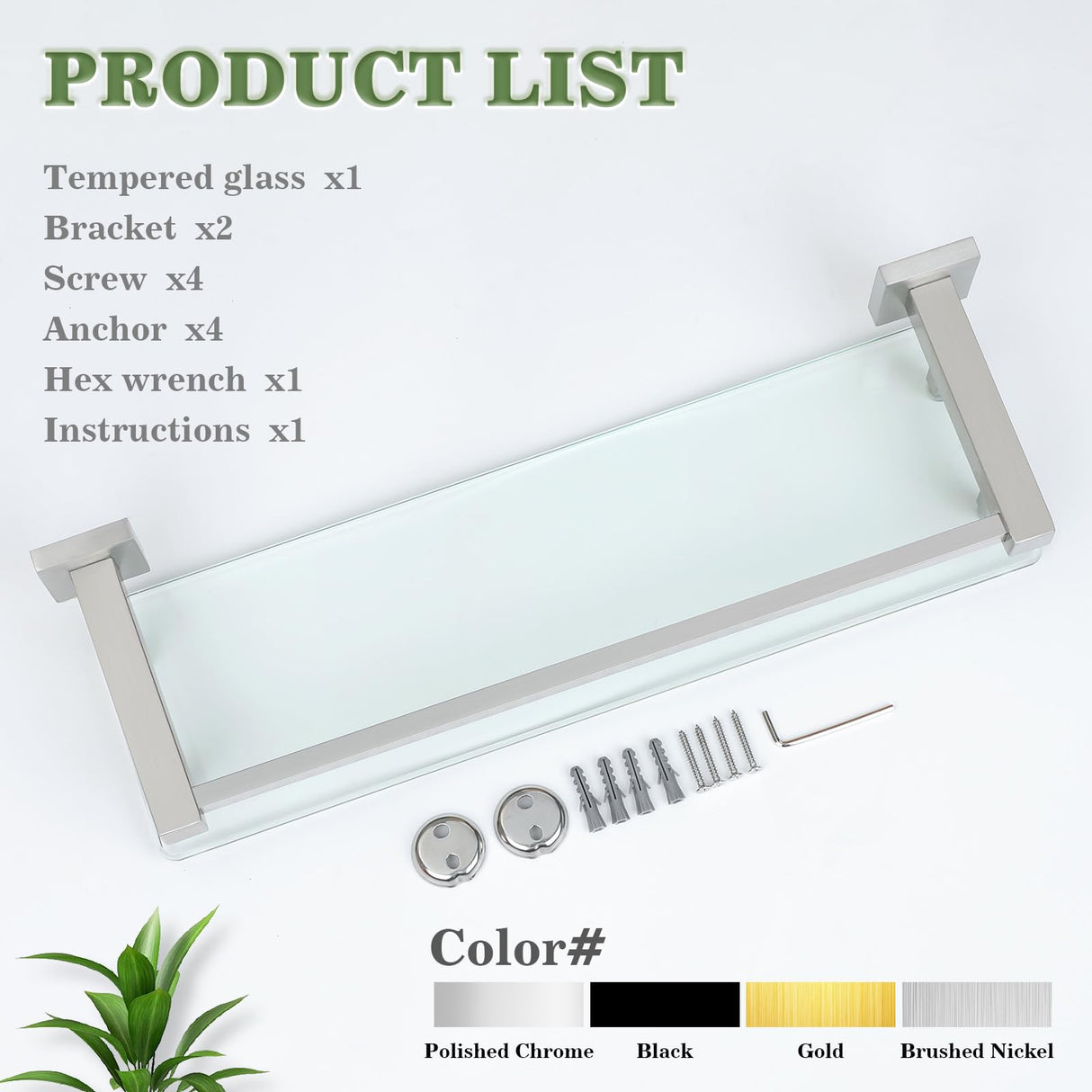 Alise Bathroom Glass Shelf with Stainless Steel Railing, Brushed Nickel Small Tempered Glass Floating Wall Shelf Over The Toilet, 16 inch Alise