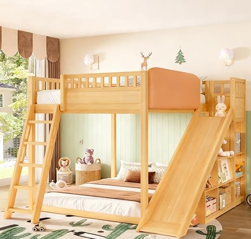 Bellemave Bunk beds Full Over Full with Slide and Stair and upholstered headboard, Low bunk/loft Bed for Kids,Natural Bellemave