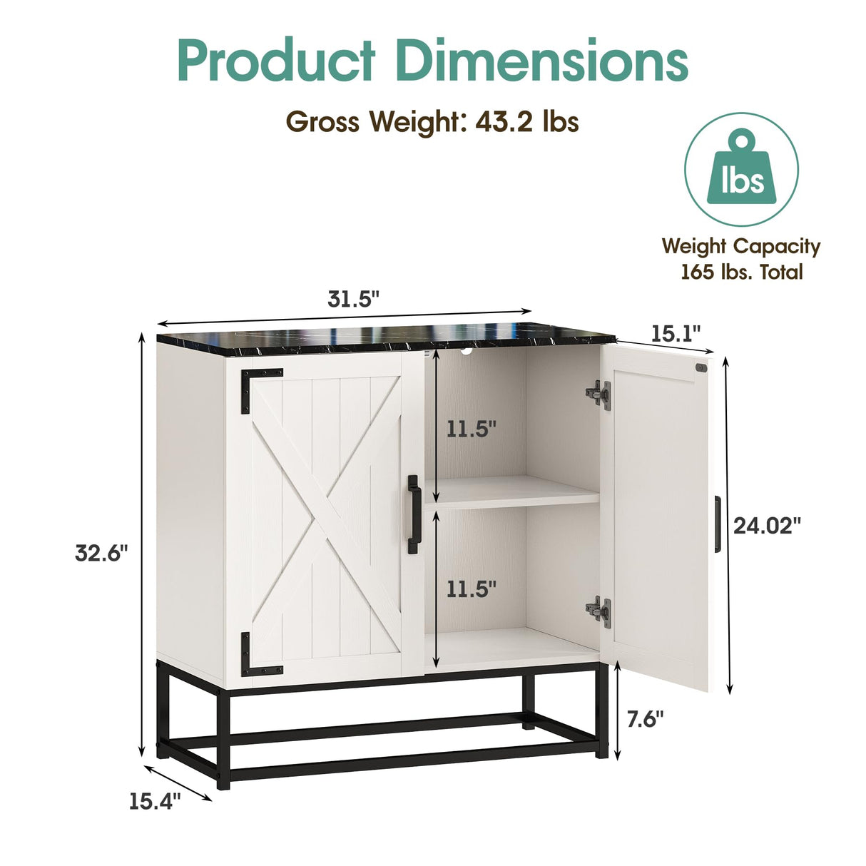 Maupvit 32" L Sideboard Buffet Cabinet with Storage, Farmhouse Tall Coffee Bar Table with Black Wood Countertop for Kitchen Dinning Room, Living Room, Antique White Entryway Accent Cabinets Maupvit