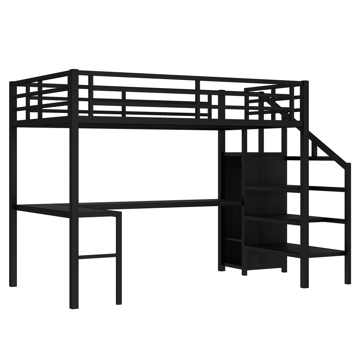 Metal Full Size Loft Bed with Desk and Stairs,Heavy Duty Loft Bed Frame with Wardrobe,LED Loft Bed Full Size with Charging Station for Kids,Teens,Adults,Black Bellemave