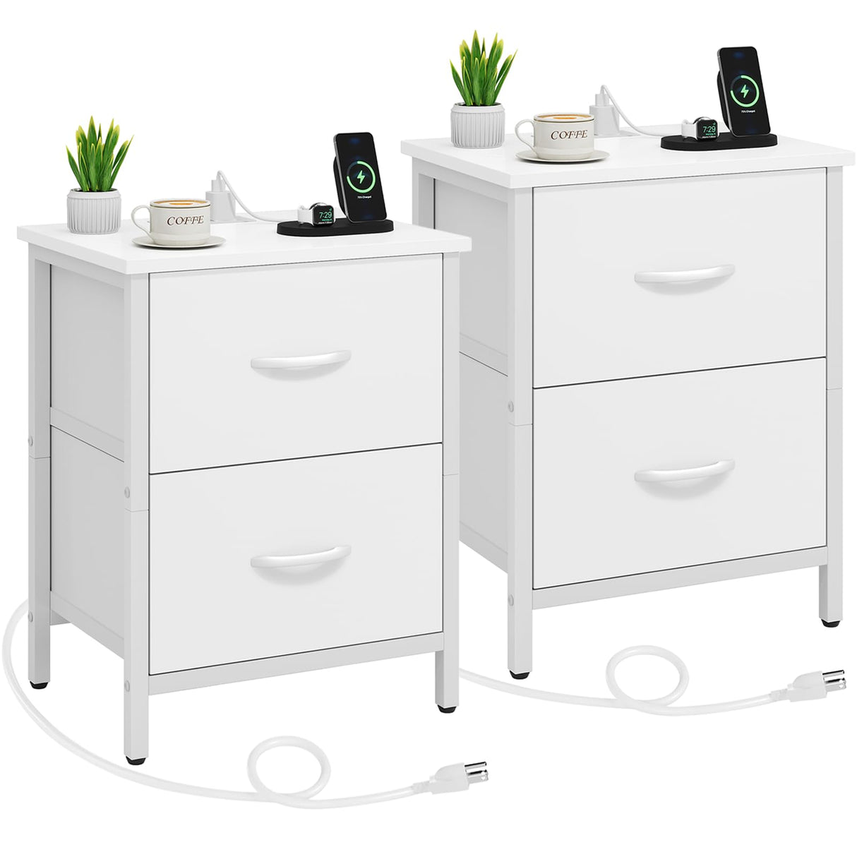 Vagusicc Nightstand Set of 2 with Charging Station, End Table Bedside Table with Power Outlet & USB Ports, Side Table with 2 Fabric Drawers for Bedroom, Living Room, White Vagusicc