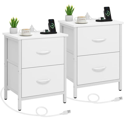 Vagusicc Nightstand Set of 2 with Charging Station, End Table Bedside Table with Power Outlet & USB Ports, Side Table with 2 Fabric Drawers for Bedroom, Living Room, White