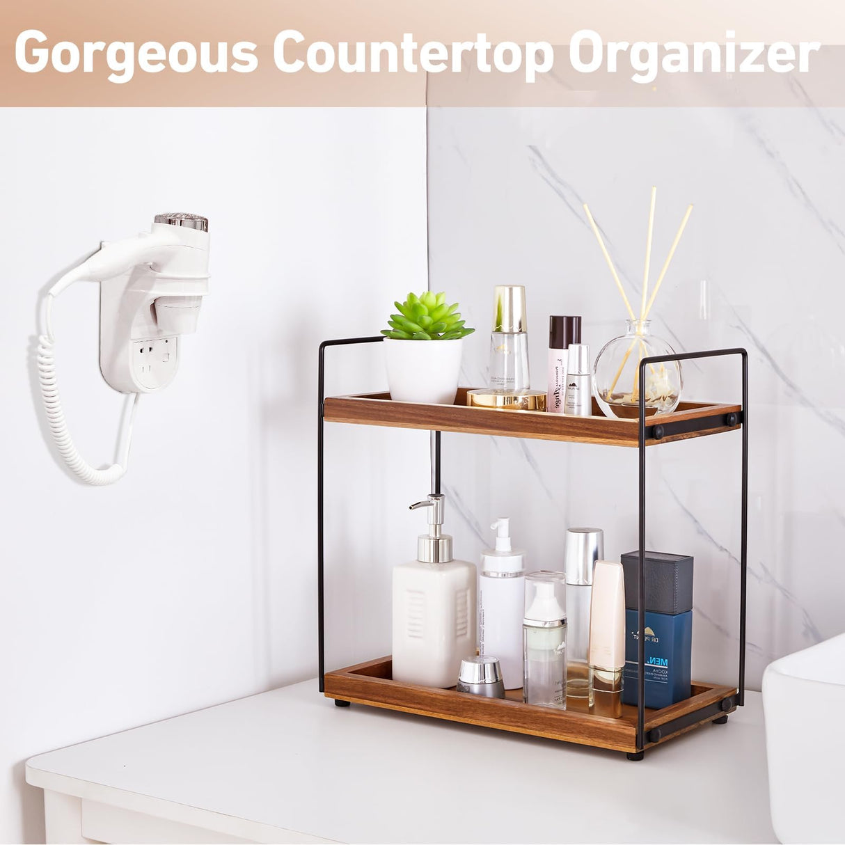 Bathroom Counter Organizer Countertop Storage - 2 Tier Bathroom Countertop Organizers Coffee Bar Organization Acacia Wood Counter Top Organizer Kitchen Spice Rack Vanity Shelf Toilet Vanity Organizers NICEPRING