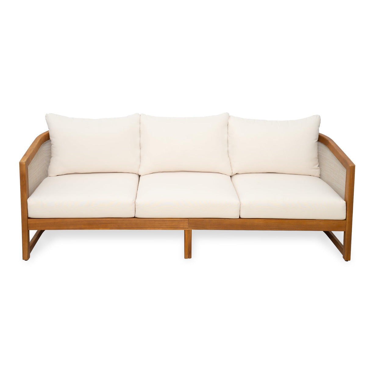 Christopher Knight Home Catania Acacia Wood Outdoor 3 Seater Sofa with Cushions, Wooden Patio Sofa Couch with Cushion, Comfy Garden Cloud Sofa Couch with Textilene Armrest, Teak+ Beige Christopher Knight Home