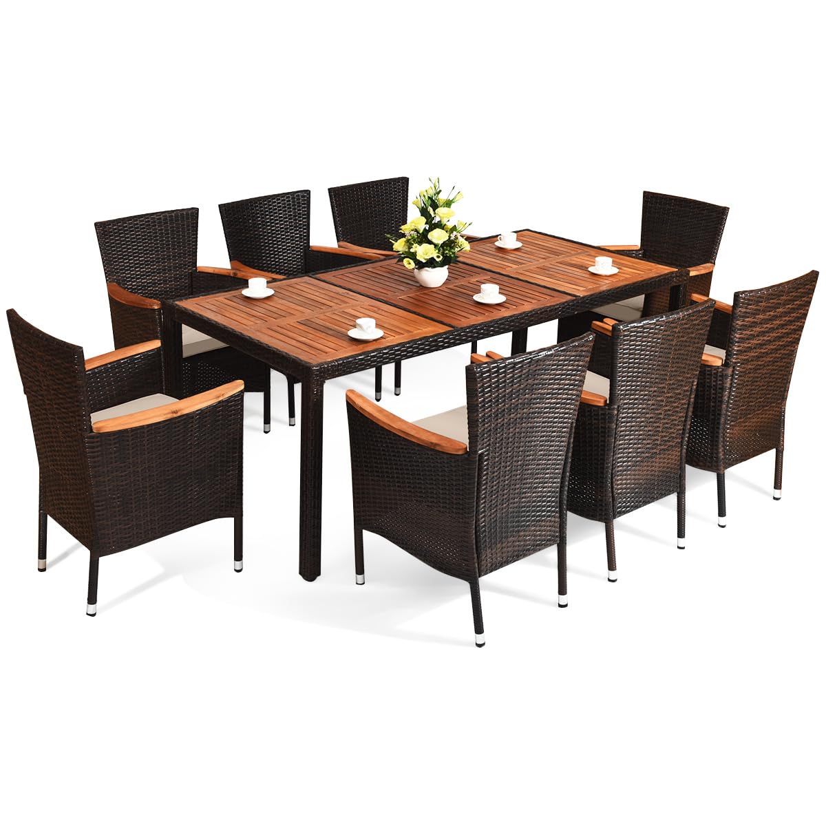 COSTWAY 9PCS Patio Rattan Dining Set 8 Stackable Chairs Cushioned Acacia Wood Table Top COSTWAY