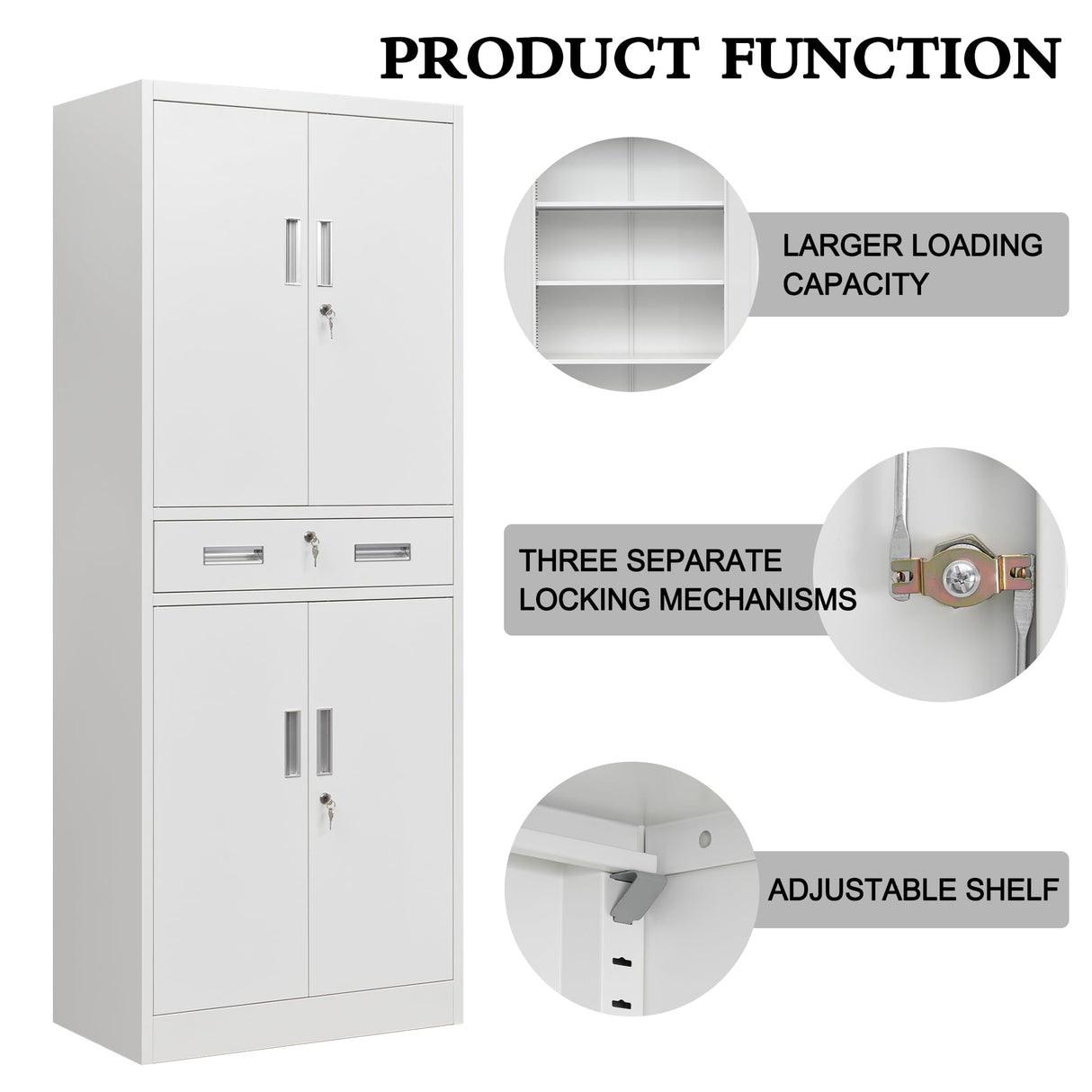 CJF Metal Storage Cabinets with Drawer and Adjustable Shelves, Locking Storage Cabinet for Pantry Kitchen Home Office Garage Living Dining Room (White) CJF