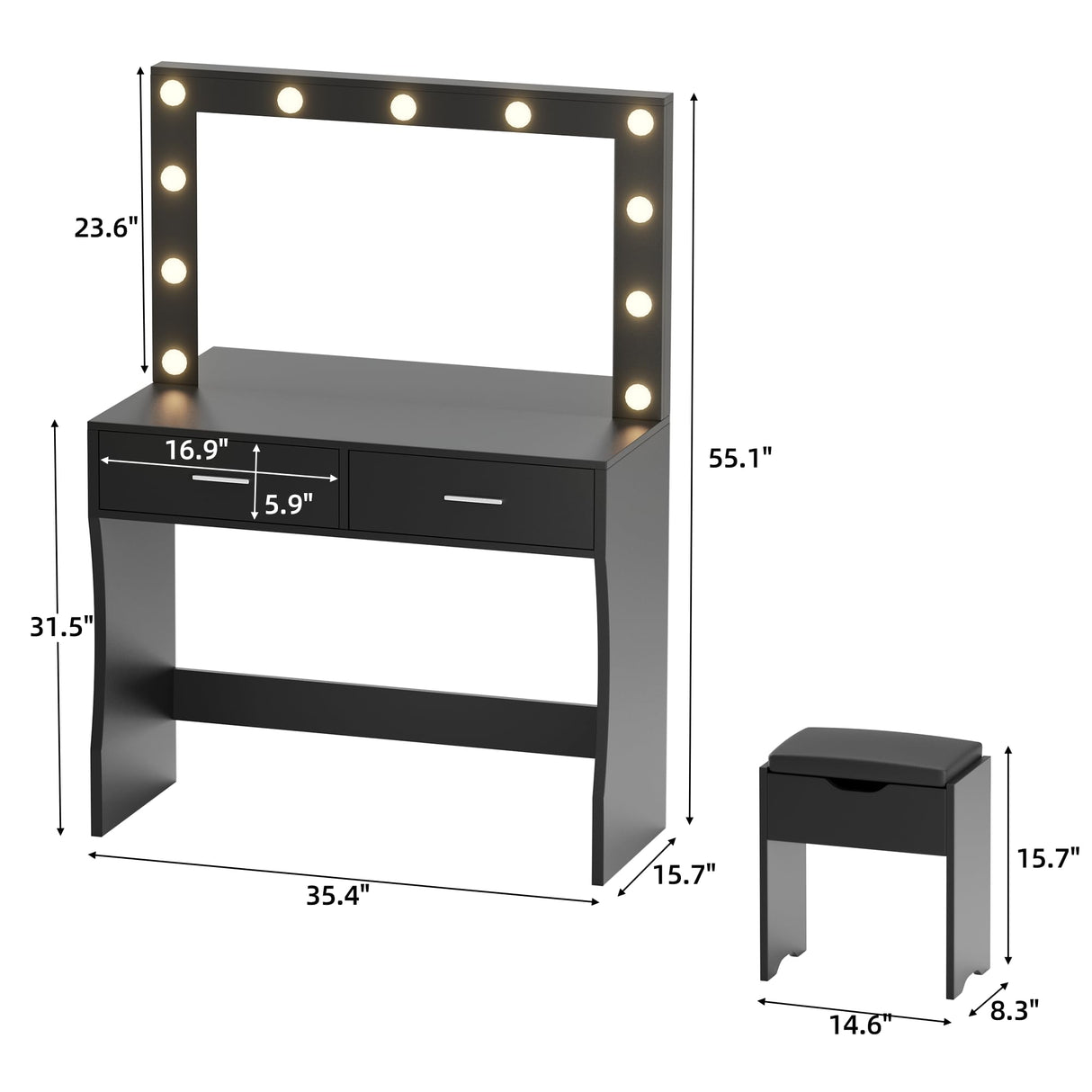 YESHOMY Vanity Desk with Mirror, Makeup Table with 11 Adjustable LED Lights and 2 Spacious Drawers, Soft-Padded Storage Stool, 3 Lighting Modes with Control, for Bedroom, Black YESHOMY