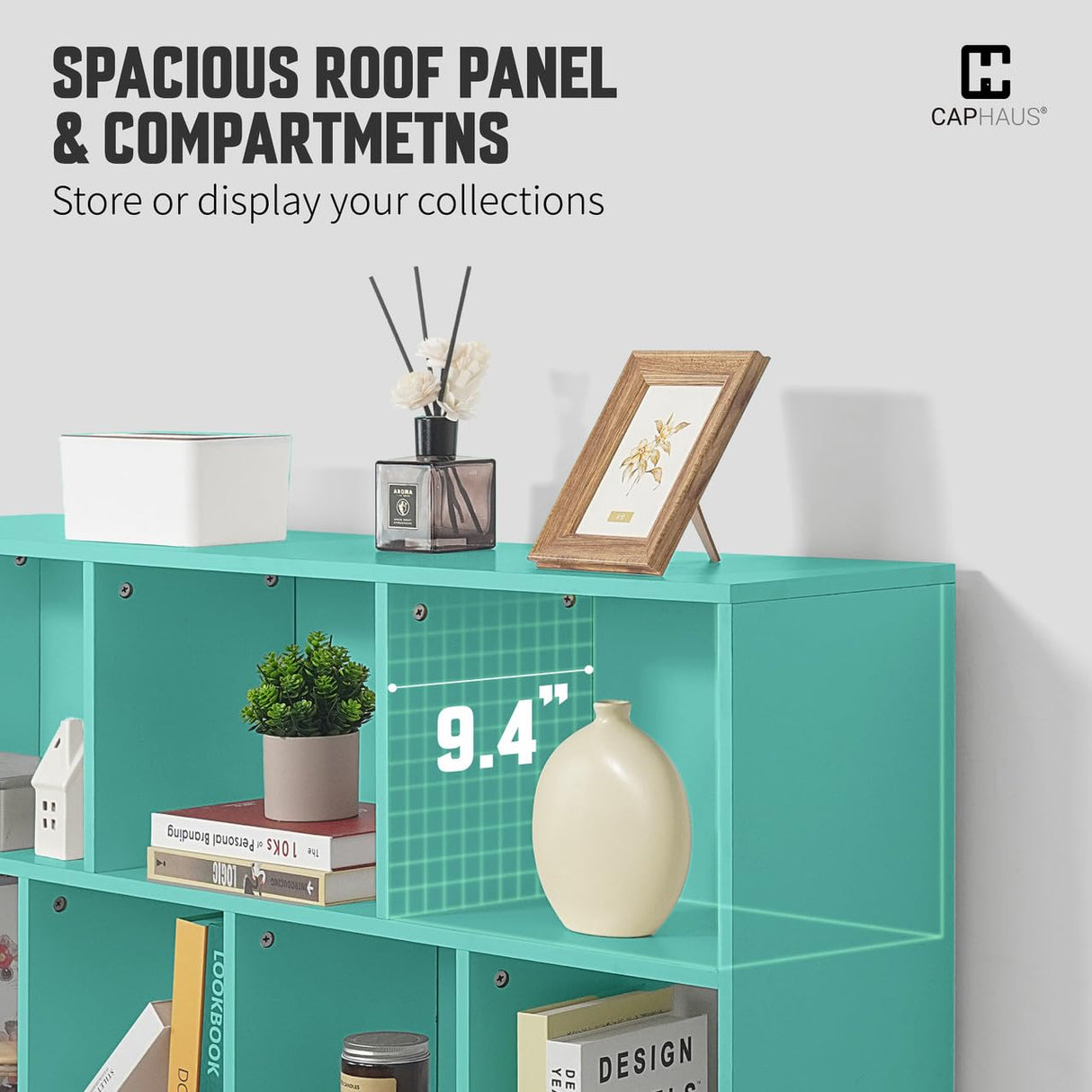 CAPHAUS 10 Cube 3 Tier Mid Century Bookshelf, 55” Wide Wooden Cube Storage Organizer with Legs, Open Shelf Bookcase, Modern Shelving for Living Room, Bedroom, Office, Tiffany Green CAPHAUS