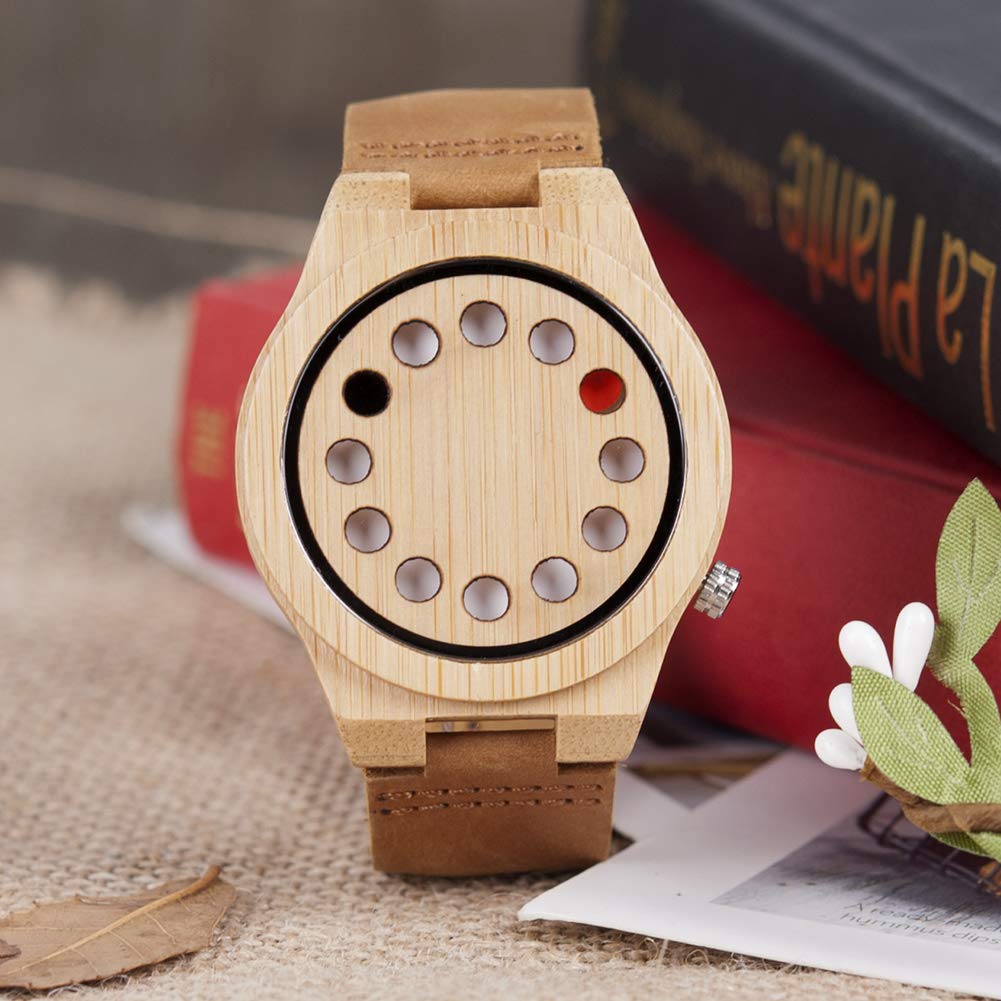 BOBO BIRD Men's Bamboo Wooden Watch with Black Cowhide Leather Strap 12 Holes Timer Design Sports Casual Watches (Brown Cat-Eye) BOBO BIRD