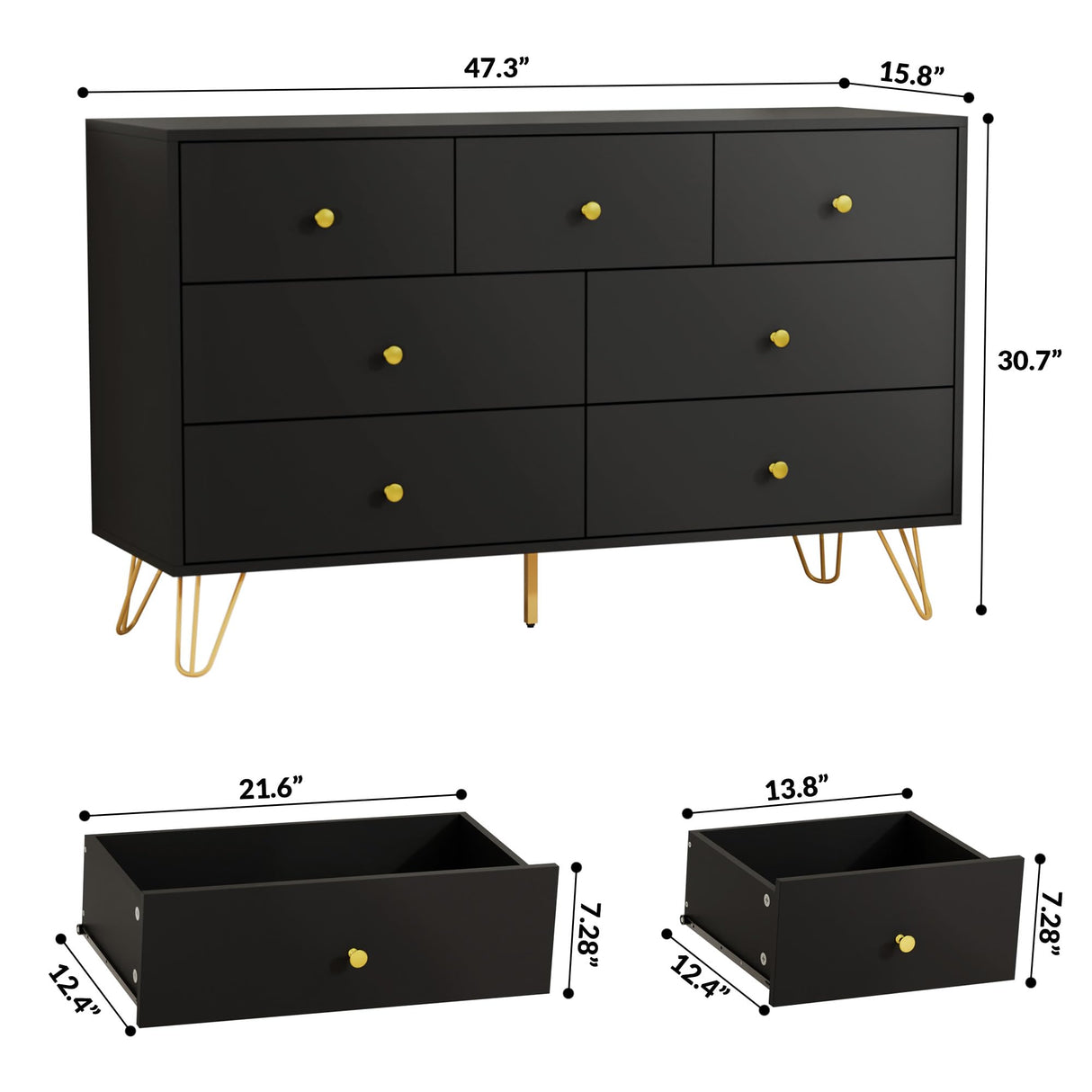 Tradare 7 Drawer Dresser and Nightstand Set of 2, Modern Black and Gold Dresser Set with Golden Handles, 2-Drawer Nightstand & 7-Drawer Chest of Drawers Tradare
