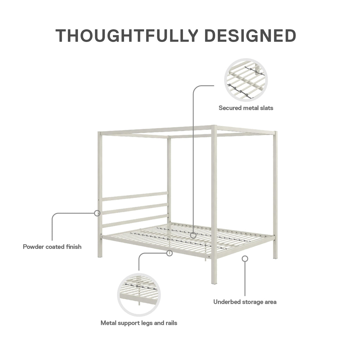 DHP Modern Metal Canopy Platform Bed with Minimalist Headboard and Four Poster Design, Underbed Storage Space, No Box Spring Needed, Queen, White DHP
