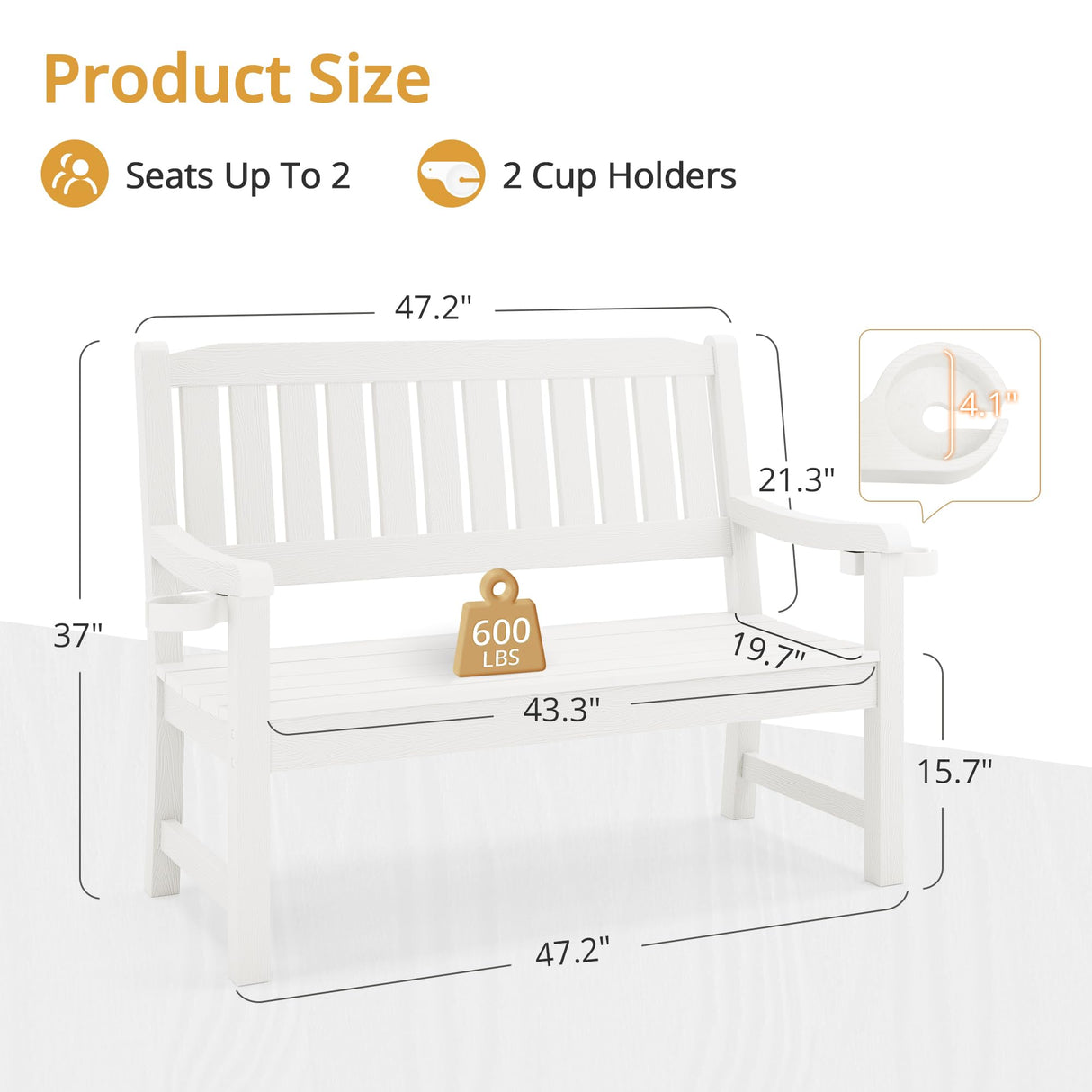 LUE BONA Outdoor Bench, 2-Person HDPS Garden Bench, Outdoor Benches Weatherproof, All-Weather Fade/Rot Resistant Patio Bench for Park, Front Porch, Backyard (White) LUE BONA