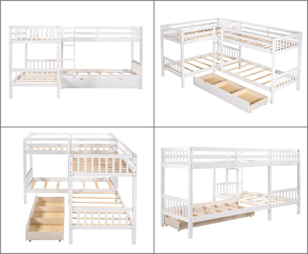 Merax Kids L-Shaped Bunk Bed Twin Over Twin with Drawers, Wood Low Floor Bunkbed Featuring Stairs Guardrail for Boys, Girls, Toddlers, No Box Spring Required, White Merax