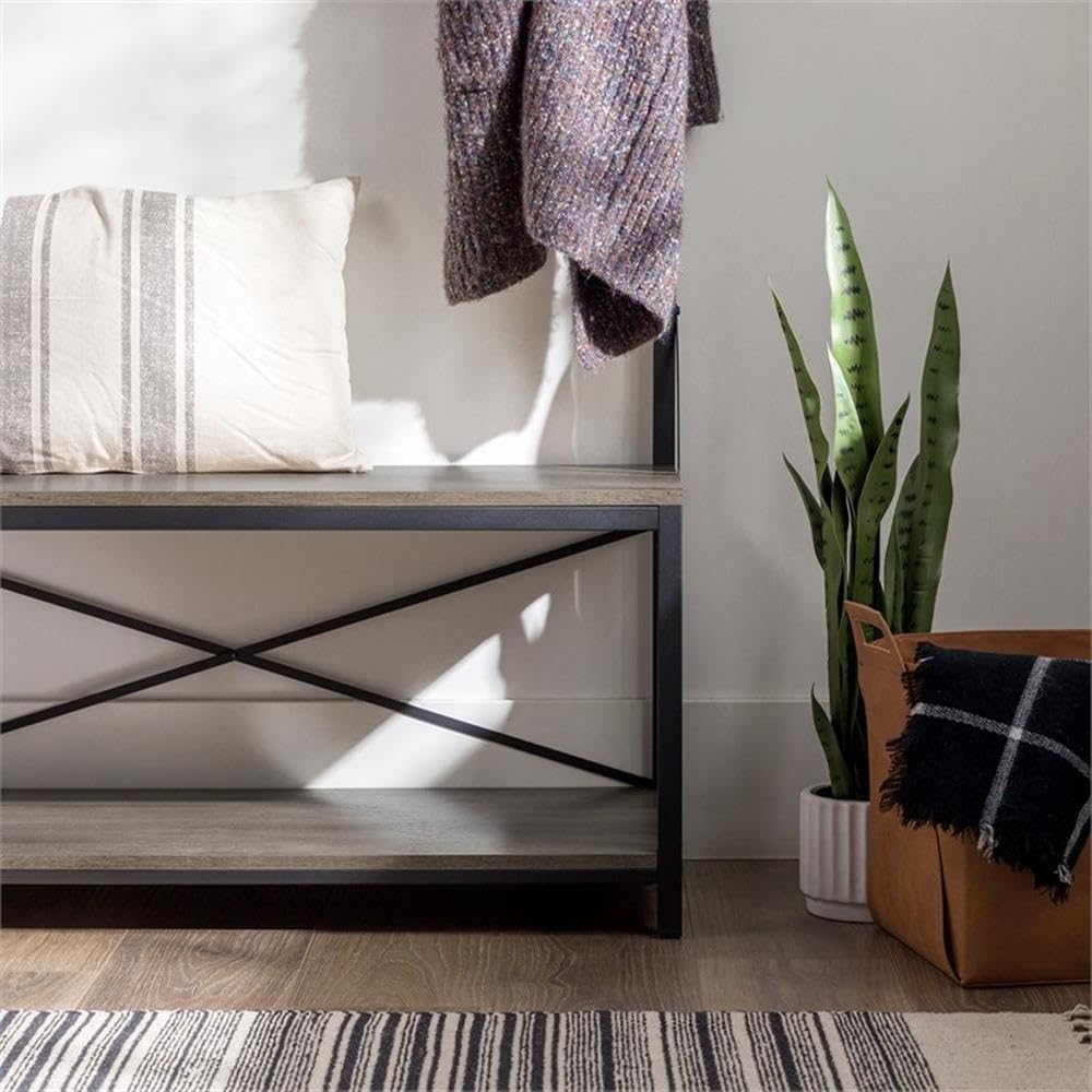 Walker Edison August Modern Farmhouse X Back Hall Tree with Bench, 72 Inch, Grey Wash Walker Edison