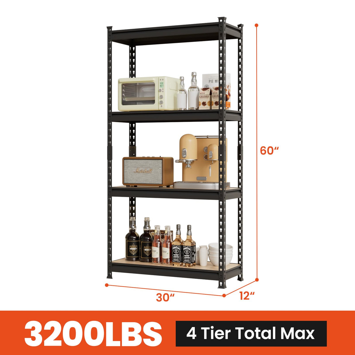 JEKOSEN 3200Lbs Storage Shelves Heavy Duty 4 Tier Adjustable Garage Shelving,Utility Rack Shelf Units for Closet Pantry Basement Kitchen Warehouse,30" Wx12 Dx60 H,Black JEKOSEN