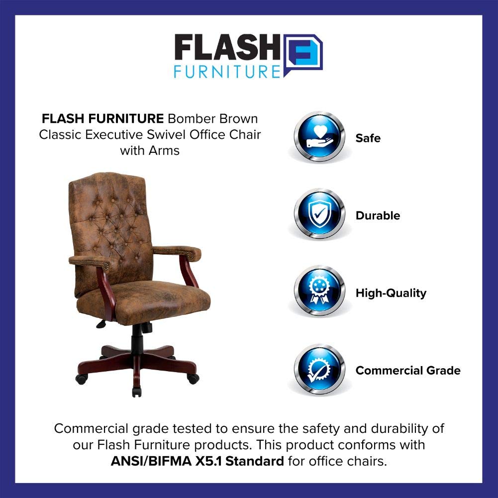 Flash Furniture Derrick Traditional Microfiber Tufted Swivel Office Chair with Wood Base, Ergonomic Farmhouse High-Back Desk Chair, Bomber Brown Flash Furniture
