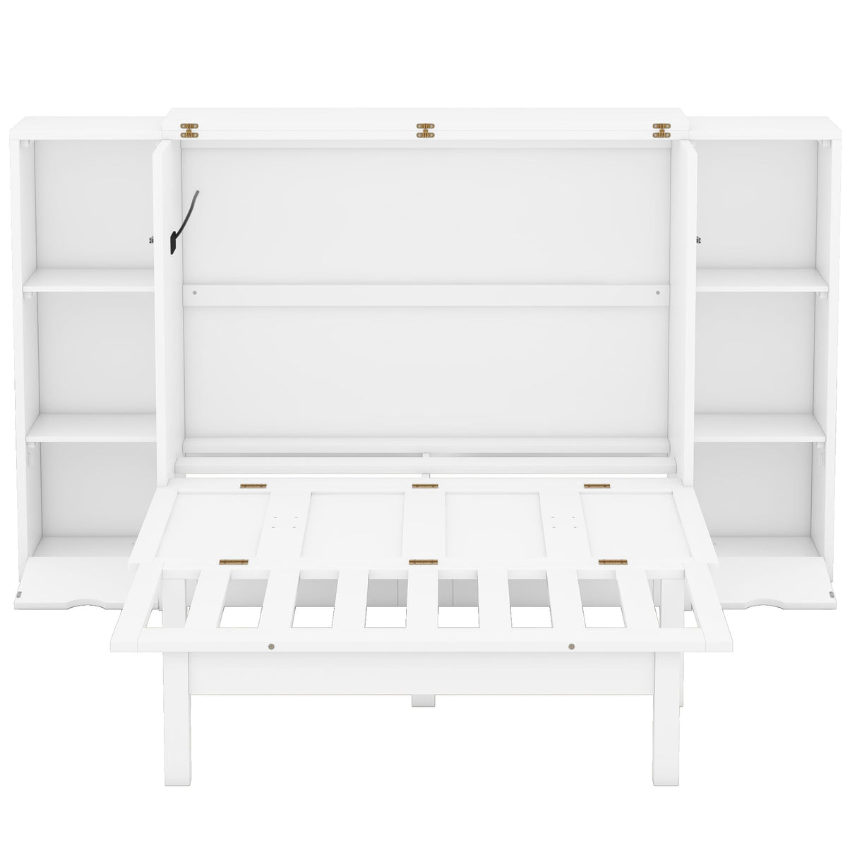 Queen Size Murphy Wall Bed with Storage, Bookcase Headboard, Solid Wood Cabinets, Shelves, Drawers and USB Ports, Multi-Function Platform Bed for Home Office, Guest Room (White) MERITLINE