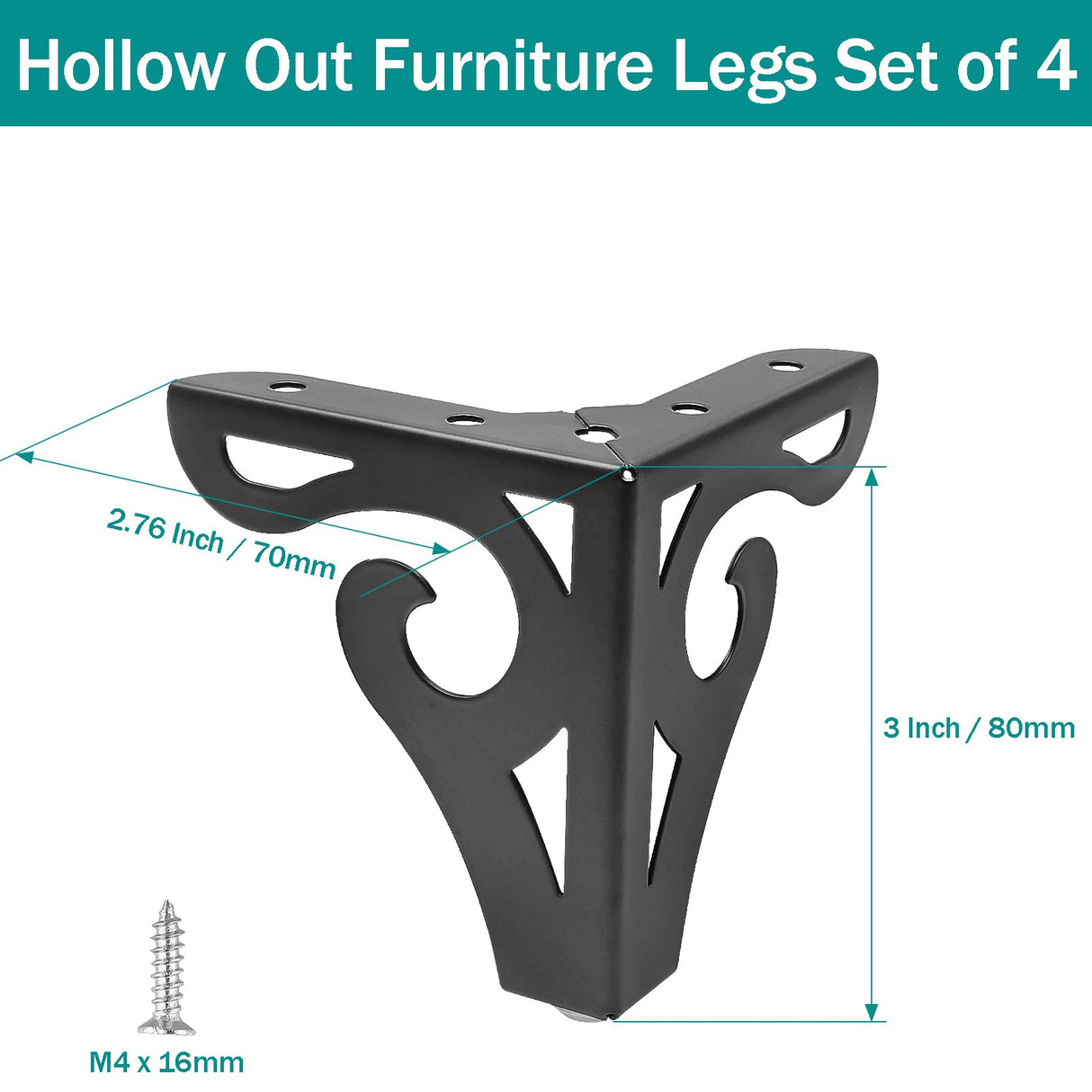 Bivethoi 3 Inch / 8cm Hollow Out Furniture Legs Set of 4, Black Metal Sofa Legs Modern Dresser Feet, Triangle Couch Feet Shelf Replacement Legs for Cabinet Cupboard Table Bookcase Wardrobe Bivethoi