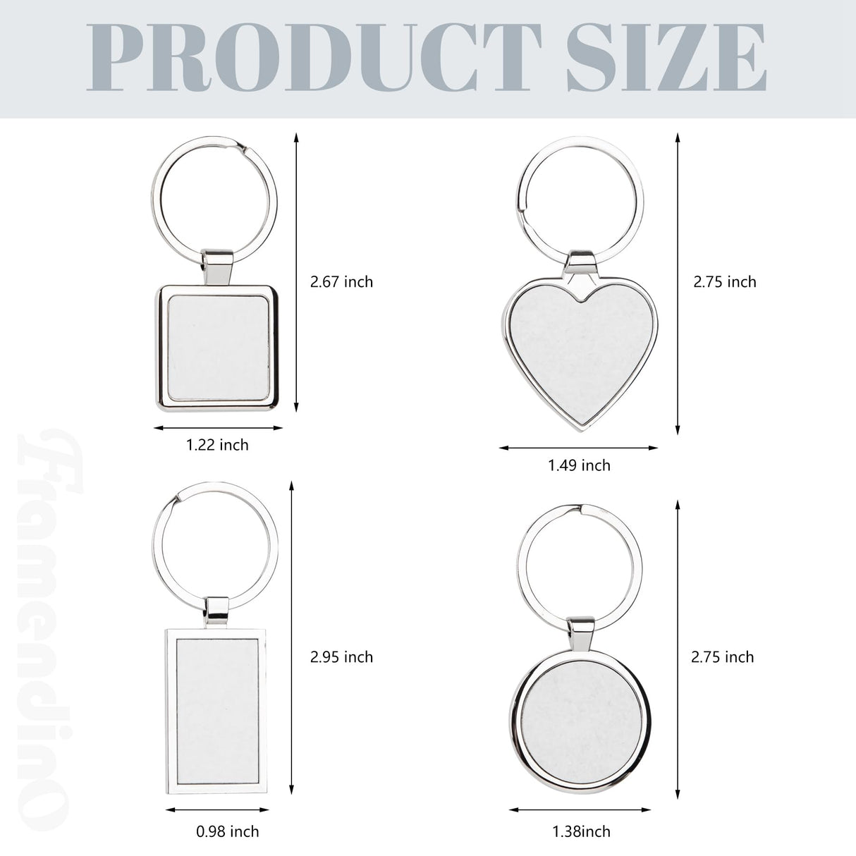 Framendino, 12 Pack Sublimation Keychain Blanks Heat Transfer Press Blank Key Chains with Key Rings for DIY Photos Crafts Rectangular Round Square Love Heart Silver Framendino