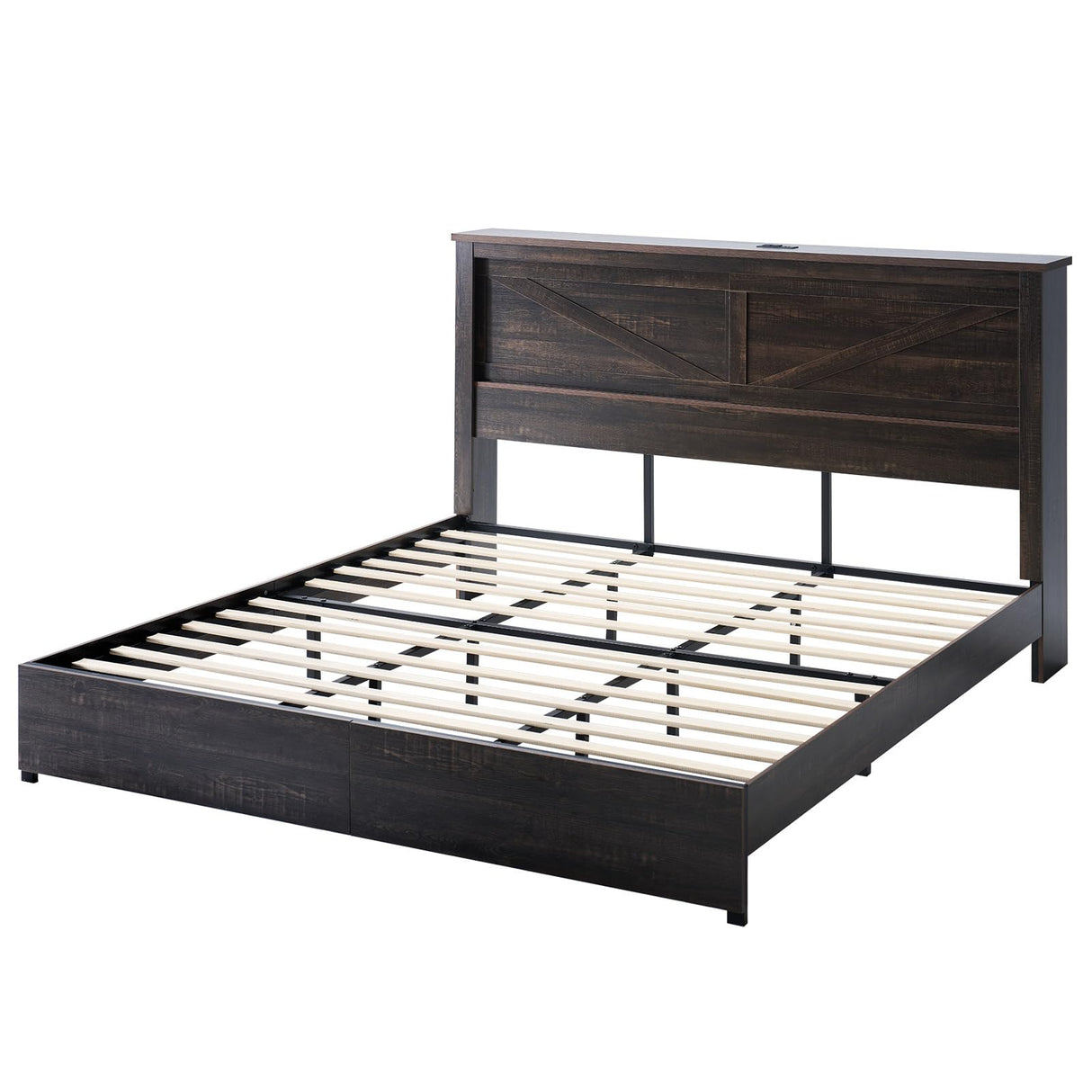 AMERLIFE 47.2" H King Bed Frame with Hidden Space Bookcase Headboard and Charging Station, Beds with 2 Storage Drawers and Wood Slats, No Box Spring Needed, Dark Oak AMERLIFE