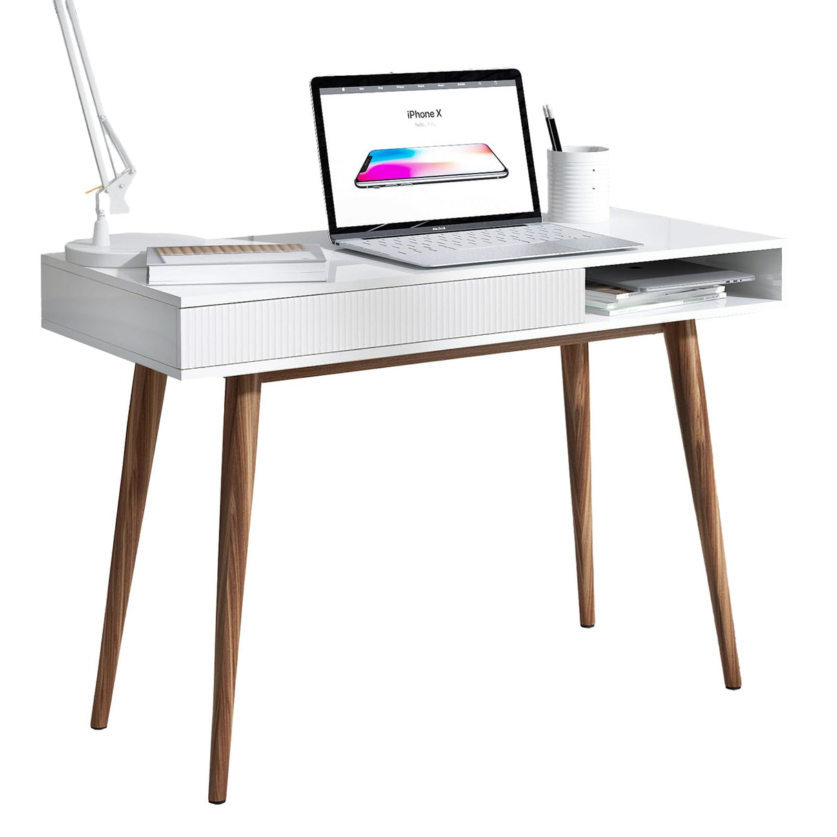 Arts wish White Writing Desk with Drawers Mid Century Modern Desk, Wood Office Desk Computer Desk Vanity Desk for Small Space, White Desk with Walnut Legs Arts wish