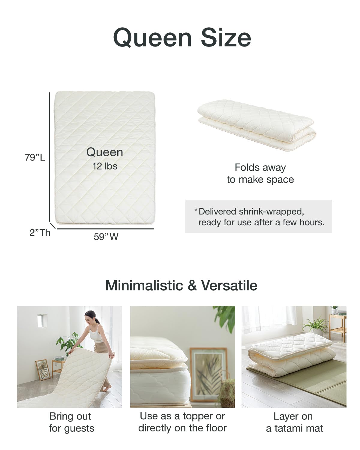 FULI Japanese Futon Mattress, Foldable & Portable Floor Lounger Bed, Roll Up Sleeping Pad, Shikibuton, Made in Japan (White, Queen) FULI