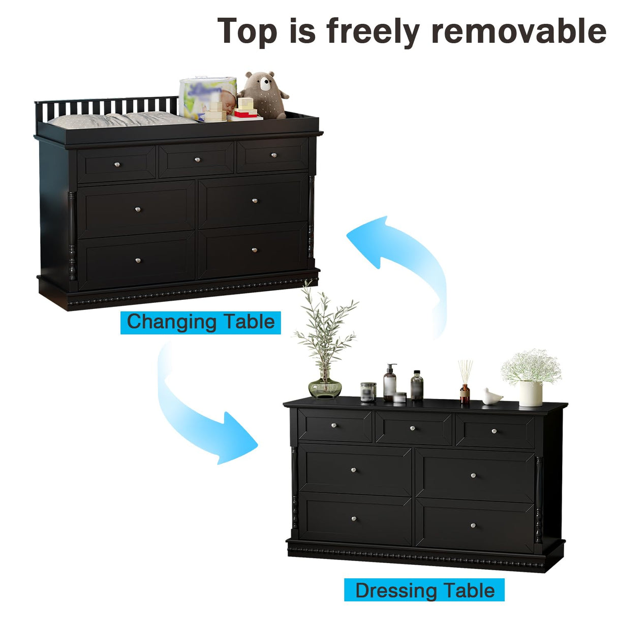 Timechee Baby Dresser with Changing Table Top, Black Dresser for Nursery with 7 Storage Drawers, Multi-Functional Baby Changing Table, Modern Diaper Nursery Dressers Station for Kids Bedroom Timechee