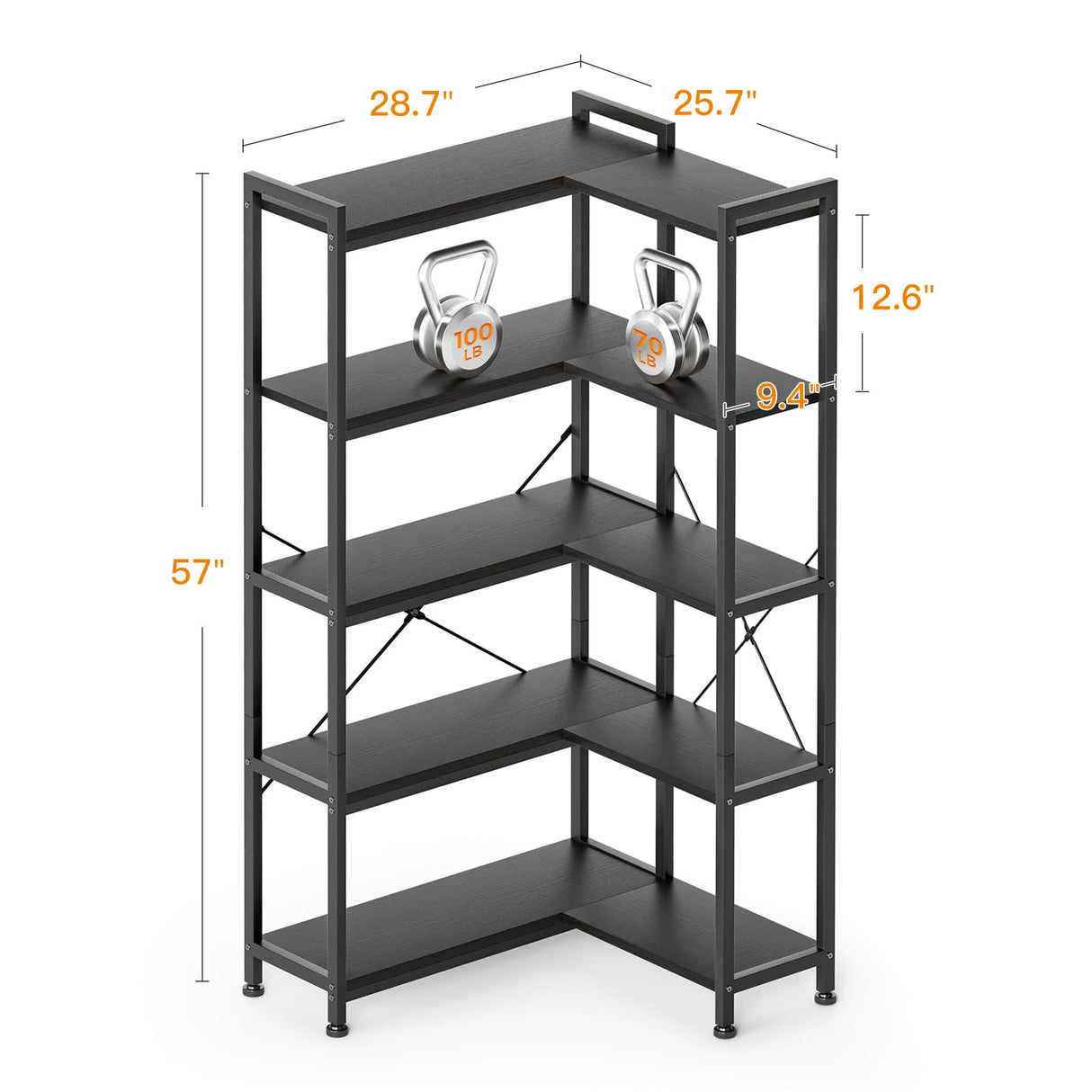 Casaottima Corner Bookshelf 5 Tier, 57 Inches Reversible Book Shelf for Living Room, Industrial Wooden Bookcase with Open Shelves and Metal Frame for Bedroom, Home Office, Kitchen, Black Casaottima