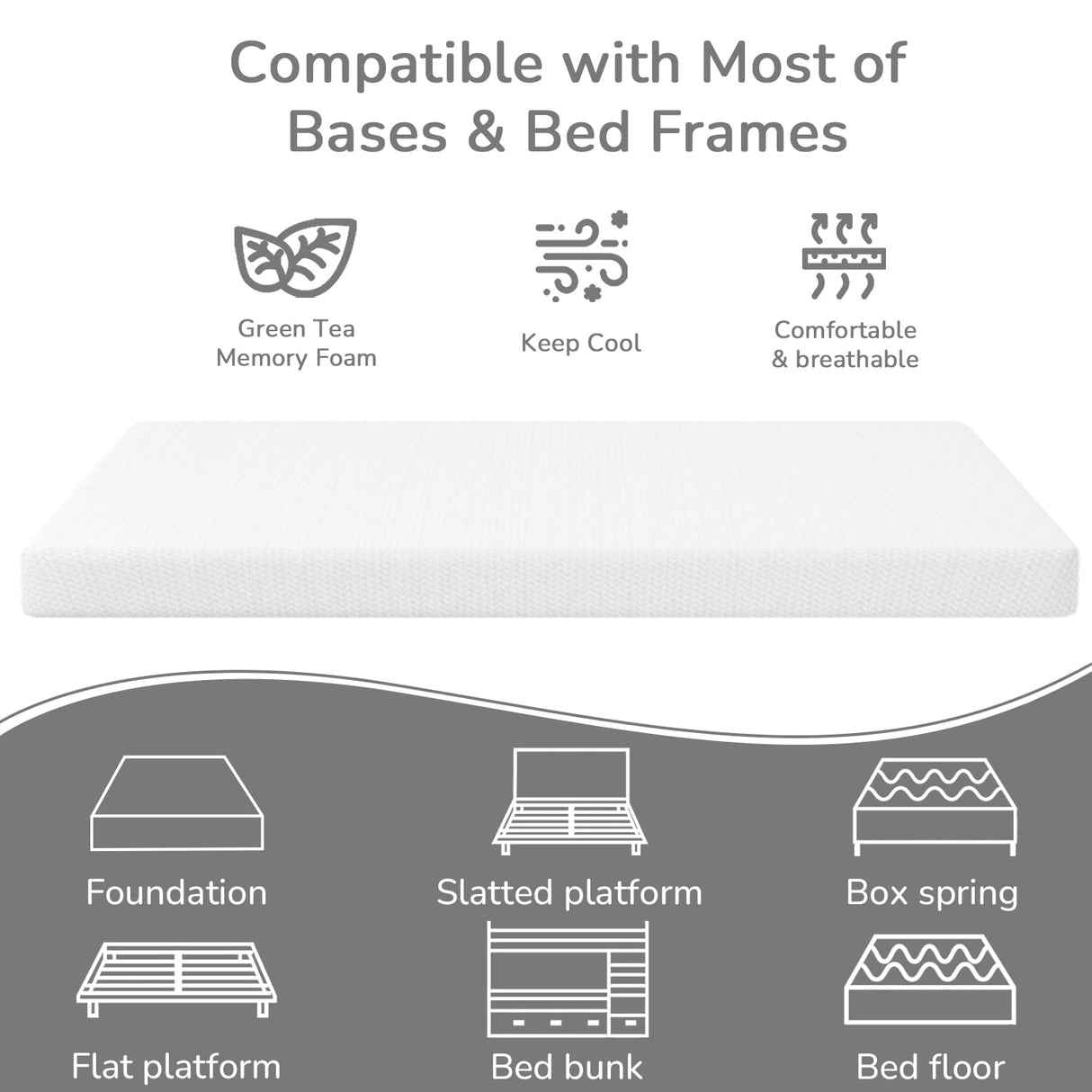 PayLessHere 5 Inch Twin Green Tea Memory Foam Mattress Cooling Gel Infused Mattress,Medium Firm Mattresses Fiberglass Free/CertiPUR-US Certified/Bed-in-a-Box/Pressure Relieving Twin Size,White PayLessHere