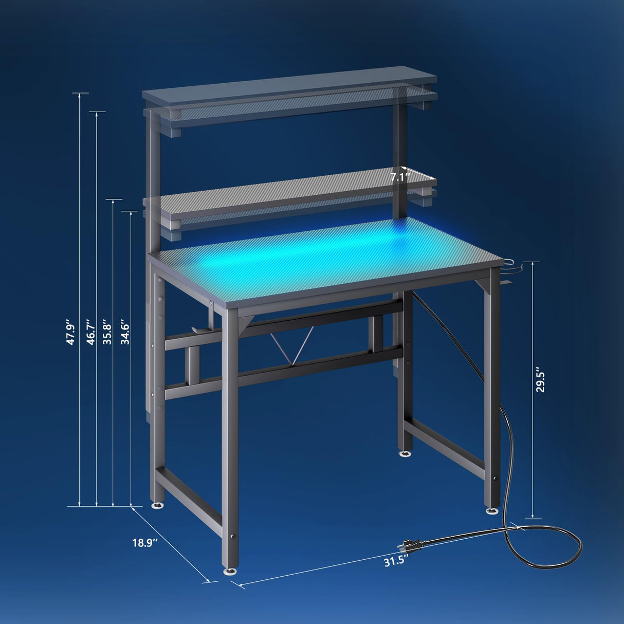 TREETALK Gaming Desk with Power Outlets & LED Strip Lights,80CM Industrial Writing Desk with Adjustable Monitor Stand, Cupholder and Headphone Hook for Home Office Black TREETALK
