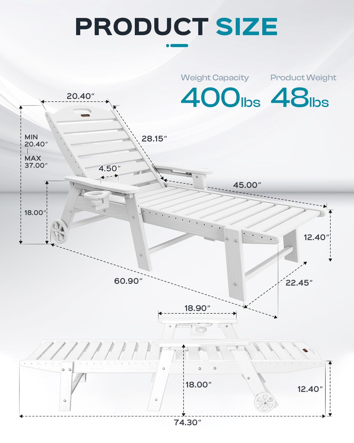 Lounge Chair Outdoor, Oversized Chaise Lounge Chair with 5 Positions, HDPE, Patio Lounge Chair with Wheels & Cup Holder for Pool, Deck, Poolside, White Ciokea