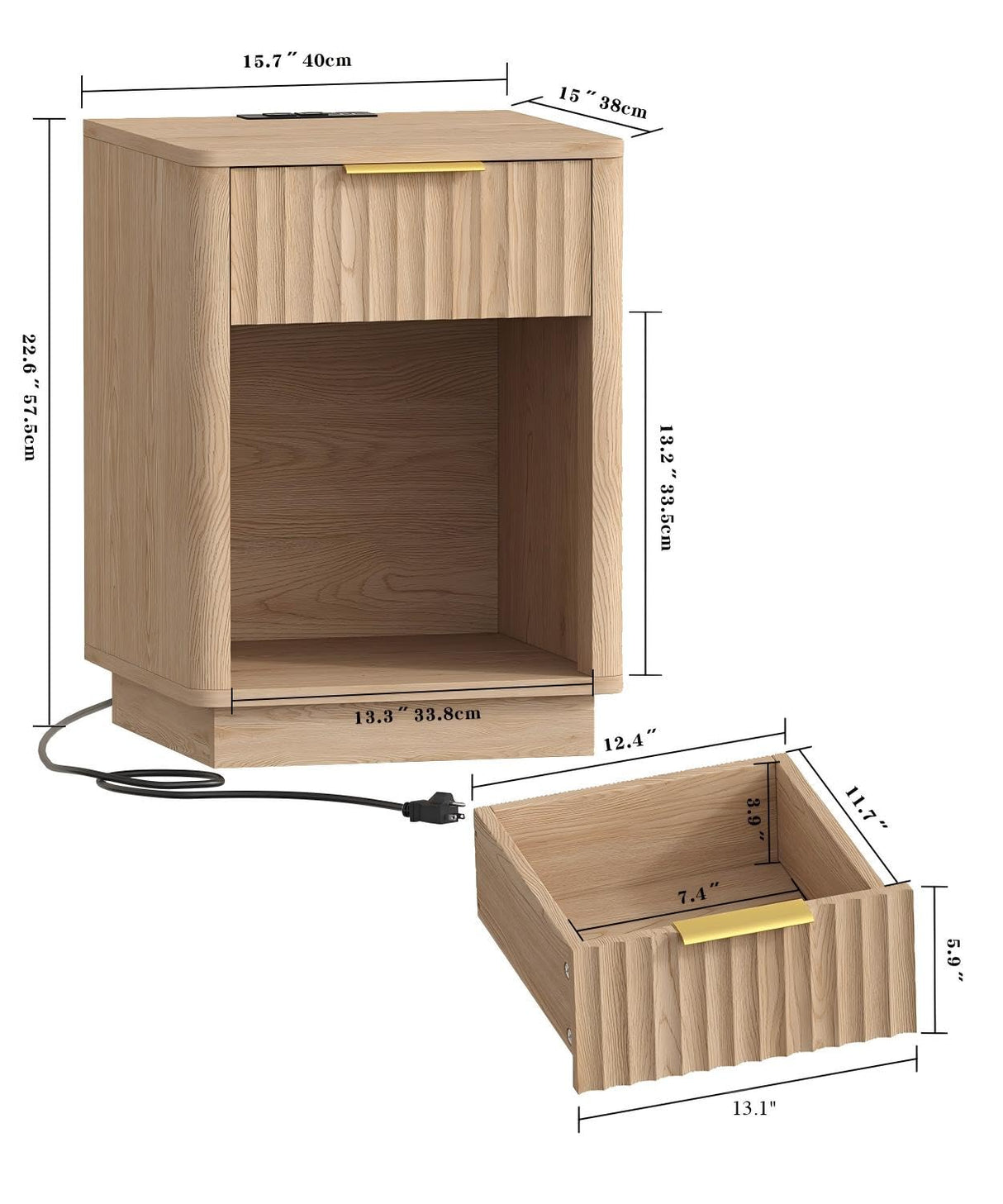 Akxomel Fluted Nightstands Set of 2, Wooden Night Stand with Charging Station and LED Light, Modern Mid Century End Table with Drawer, 15" D x 15.7" W x 22.6" H, for Bedroom, Natural Oak Akxomel