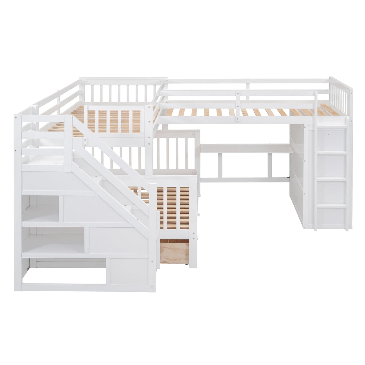 L Shaped Triple Bunk Bed with Storage Staircase, Wardrobe, Desk & Drawers, Wooden Bunk Bed for 3 Kids, Twin Over Full Bunk Beds, L-Shaped Loft Bed for Kids, Teens, Adults (White) Bellemave