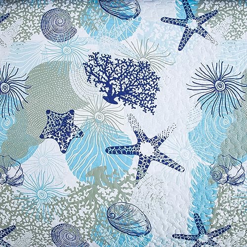 Dinjoy Coastal Quilt Set Twin Size, Blue Ocean Beach Themed Bedding Set Coral Seashell Conch Starfish Pattern Microfiber Lightweight Summer Bedspread Coverlet Bed Set All Season(68x86 Inch) Dinjoy