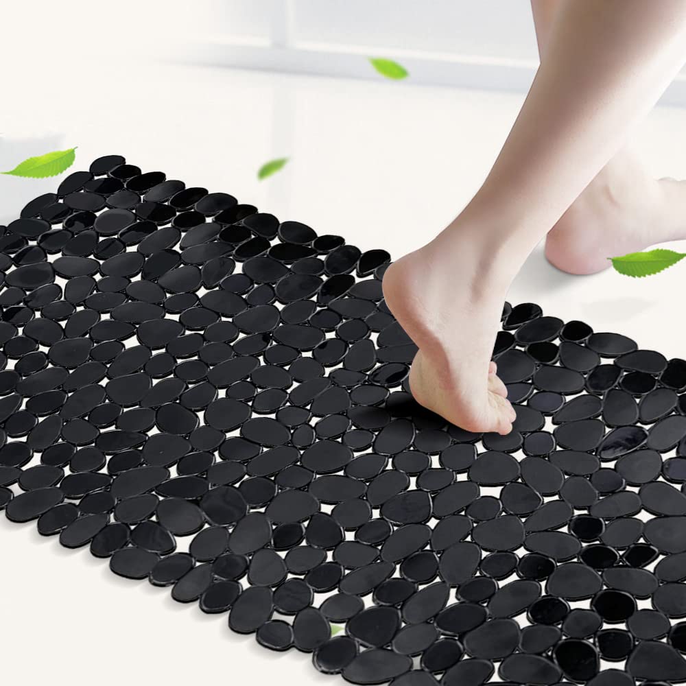 SONGZIMING Non-Slip Pebble Bathtub Mat Black 16 W x 35 L Inches (for Smooth/Non-Textured Tubs Only) Safe Shower Mat with Drain Holes, Suction Cups for Bathroom SONGZIMING