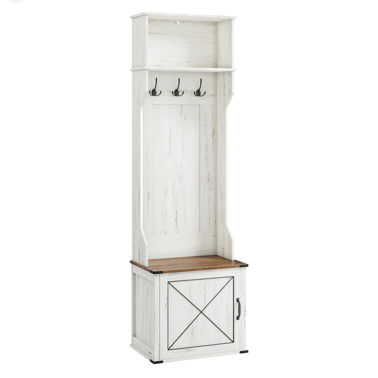 VASAGLE Hall Tree with Bench and Shoe Storage, Coat Rack with Shoe Bench, Entryway Furniture, 3 Tri-Hooks, Door with Handle, Farmfouse Style, Space Saving, Rustic White and Honey Brown UHSR441W01 VASAGLE