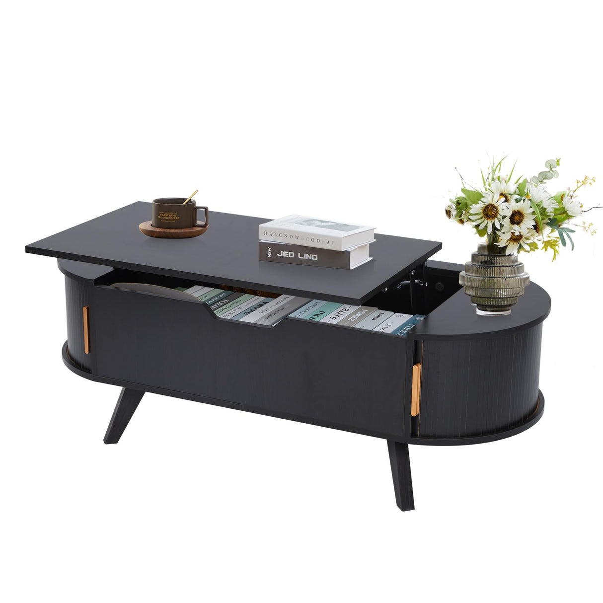 Janmer Home Small Lift Top Coffee Table with Sliding Tambour Door, 47.3" Mid Century Modern Curved Coffee Table with Storage, Oval Center Table with Lift Tabletop for Living Room (Doors, Black) Janmer Home