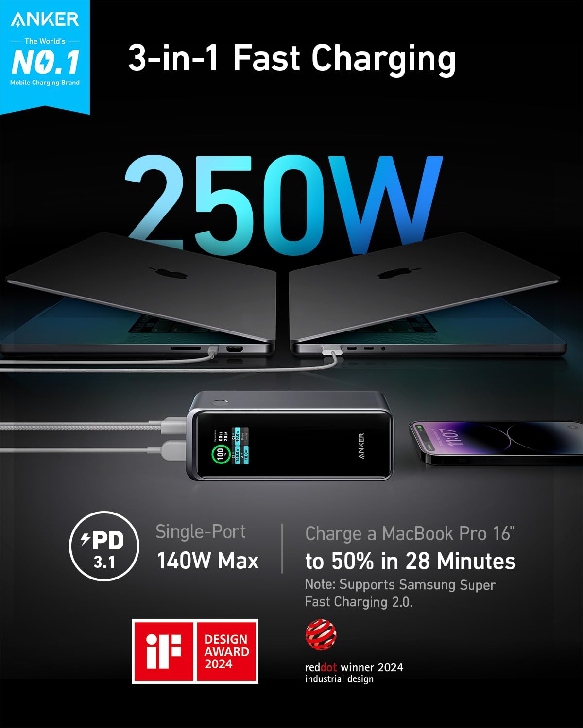 Anker Prime Power Bank, 27,650mAh 3-Port 250W Portable Charger (99.54Wh) Smart App, Compatible with MacBook Pro/Air, iPhone 16/15/14/13 Series, Samsung, Dell, and More (Charging Base Not Included) Anker