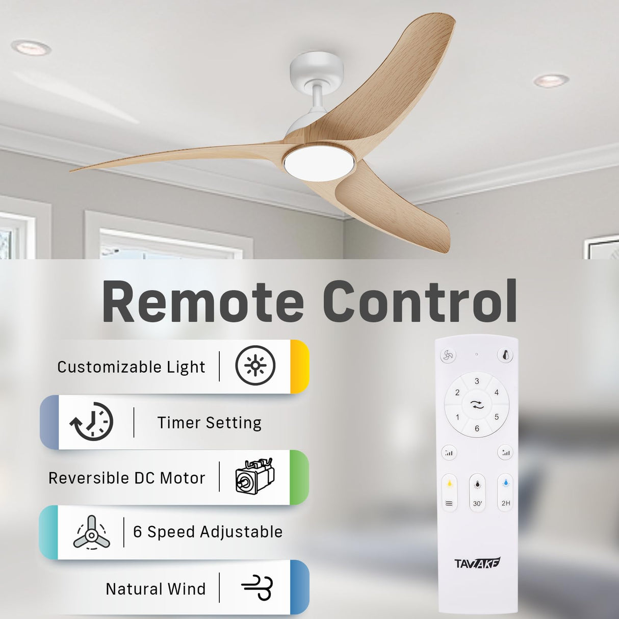 TAVZAKE Ceiling Fans with Lights, 42 inch Low Profile Ceiling Fan with Light and Remote, Flush Mount, LED Dimmable, 6 Speeds, Quiet Reversible Motor, Modern Ceiling Fan with Light for Bedroom (Wood) TAVZAKE