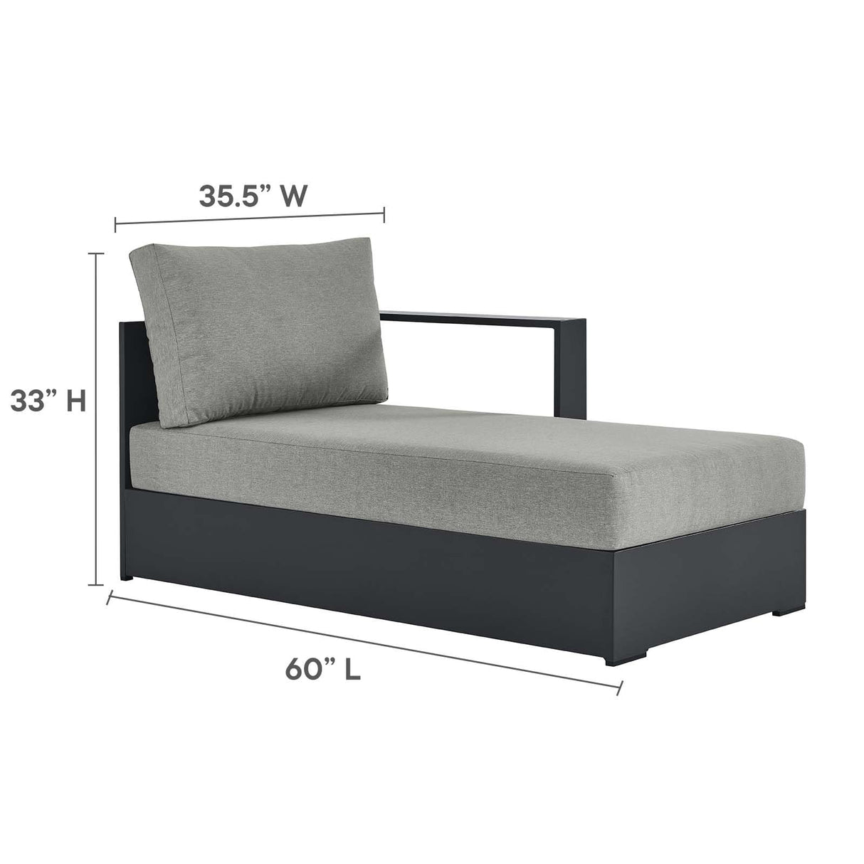 Modway Tahoe Powder-Coated Aluminum Outdoor Chaise Lounge Gray with Weather-Resistant Cushions, Modular Right-Facing Patio Lounger for Pool Furniture or Sectional Sofa Set Modway